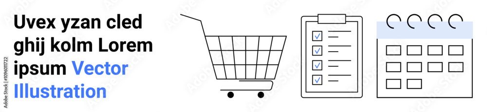 Shopping cart with handle, checklist on clipboard, circular-binded calendar. Ideal for e-commerce websites, online shopping, inventory management, task organization, event planning, marketing Shopping cart with handle, checklist on clipboard, circular-binded calendar. Ideal for e-commerce websites, online shopping, inventory management, task organization, event planning, marketing