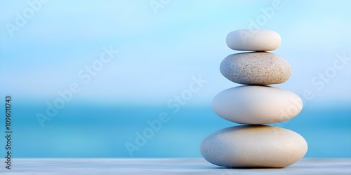 A balanced stack of smooth, light-colored stones against a soft, blue background. Concept Balanced Stones, Soft Blue Background, Minimalist Design, Tranquil Aesthetics, Nature-Inspired Decor