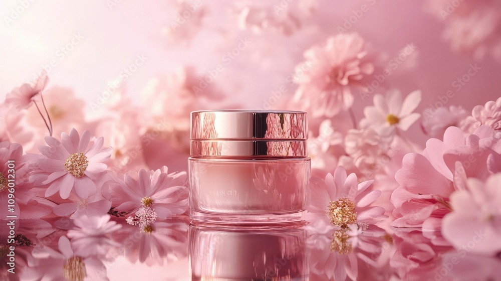 Elegant Pink Cream Jar Amidst Delicate Blossoms Elegant Pink Cream Jar Amidst Delicate Blossoms