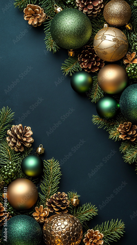 Elegant Christmas ornaments arranged with pine cones and evergreen foliage, perfect for holiday promotions, greeting cards, and festive decor.