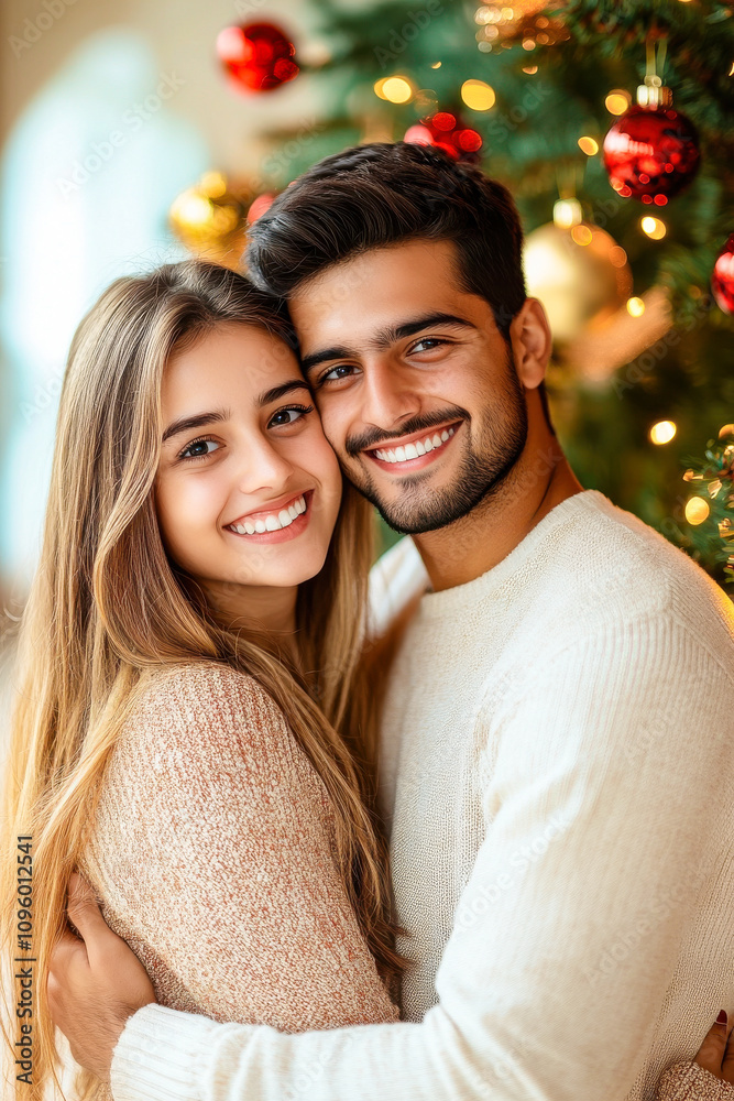 happy couple hug to each other celebrating Christmas happy couple hug to each other celebrating Christmas