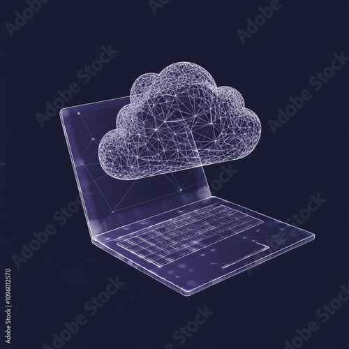 A vector illustration featuring cloud computing, with a low-poly wireframe design depicting a cloud and a laptop connected by digital lines. The abstract geometric background adds to the futuristic th photo