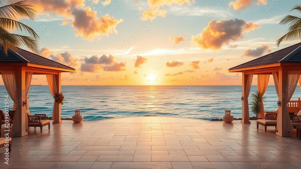 A stunning ocean front property with a breathtaking sunset view, perfect for real estate listings, home, vacation A stunning ocean front property with a breathtaking sunset view, perfect for real estate listings, home, vacation