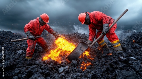 Lava Workers: Two men in red protective suits work together, their shovels glowing as they direct a molten lava flow in a dramatic scene of human intervention amidst nature's raw power. 