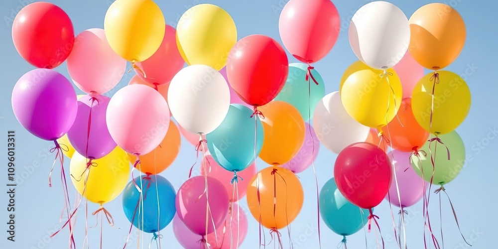 Colorful balloons tied with ribbons float gently in the air, joyful scene, happy birthday decoration Colorful balloons tied with ribbons float gently in the air, joyful scene, happy birthday decoration