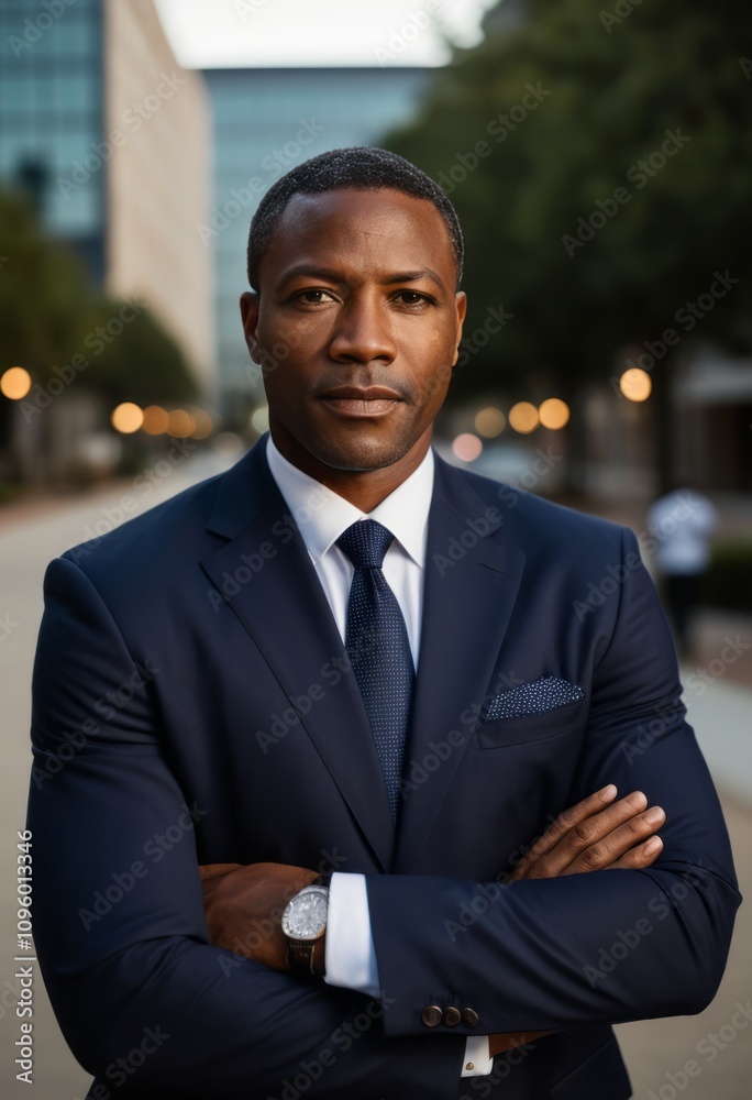 Outdoor standing portrait of a black african american business man black businessman portrait Ultra realistic Photorealistic hyperdetailed photography soft light head and shoulders portrait cover
