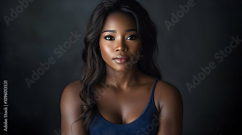 A Stunning Portrait of a Woman with Long Black Hair, Wearing a Navy Blue Sleeveless Top Against a Dark Background