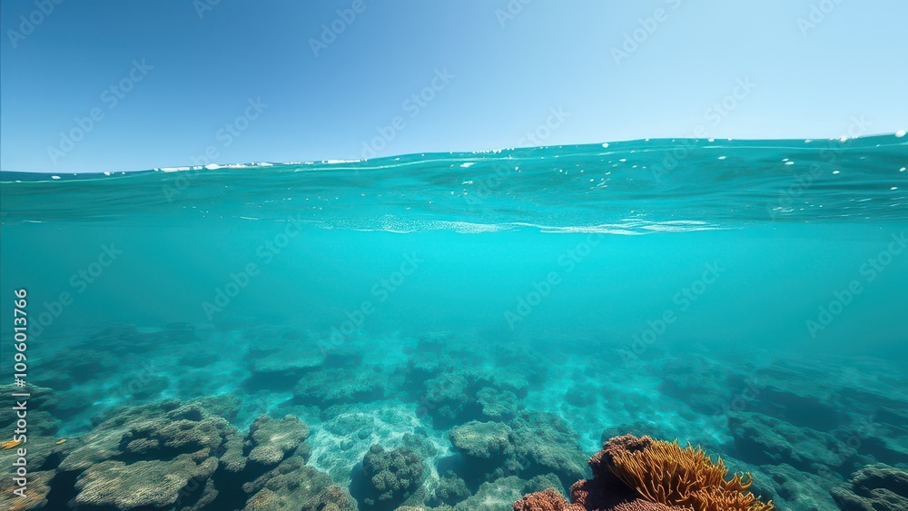 Slow motion shot of wave rolling over coral reef, coral, vibrant Slow motion shot of wave rolling over coral reef, coral, vibrant