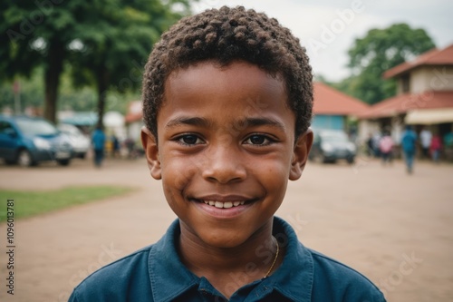 Close portrait of a smiling Surinamese male kid looking at the camera, Surinamese outdoors blurred background