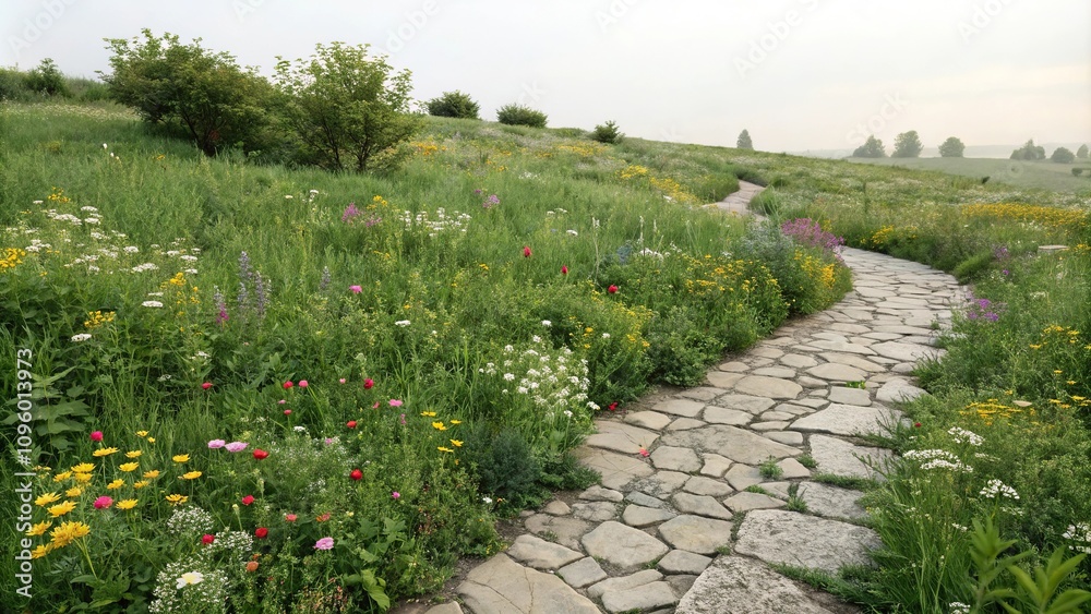 Obraz premium Colorful wildflowers and herbs in a lush green meadow bordering a winding stone path, garden borders, natural beauty, earthy tones, countryside, botanicals