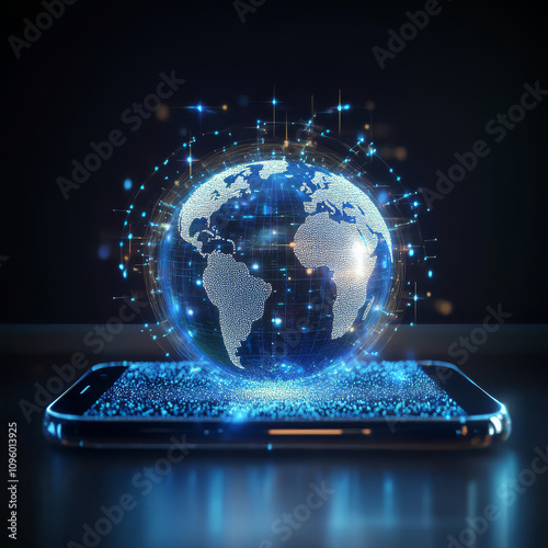 Wallpaper Mural An illustration showcasing high-speed communications via mobile internet, connecting to the world wide web from anywhere. The design features a hologram of Earth made up of glowing light dots, symboli Torontodigital.ca