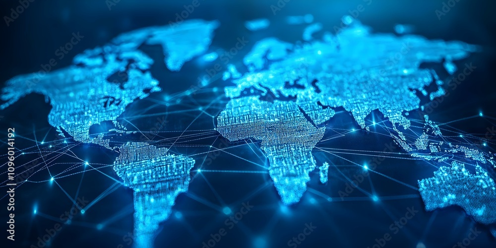 A digital world map with glowing blue lines and dots, representing global connectivity and data flow. Concept Digital World Map, Glowing Lines, Global Connectivity, Data Flow Visualization A digital world map with glowing blue lines and dots, representing global connectivity and data flow. Concept Digital World Map, Glowing Lines, Global Connectivity, Data Flow Visualization