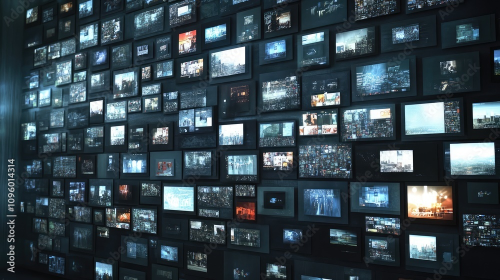 Data Center with Many Video Screens Displaying News and Videos