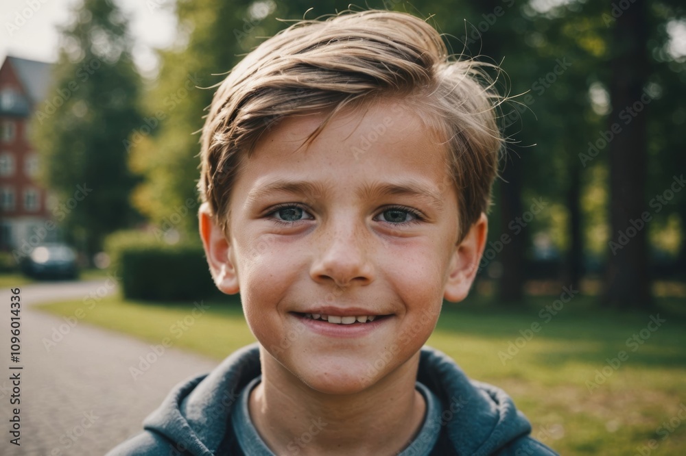 Close portrait of a smiling Swedish male kid looking at the camera, Swedish outdoors blurred background Close portrait of a smiling Swedish male kid looking at the camera, Swedish outdoors blurred background