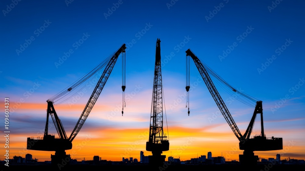 Industrial Cranes Silhouette at Sunset: A dramatic silhouette of three industrial cranes against a vibrant sunset sky, evoking a sense of progress, construction, and the power of industry. Industrial Cranes Silhouette at Sunset: A dramatic silhouette of three industrial cranes against a vibrant sunset sky, evoking a sense of progress, construction, and the power of industry.