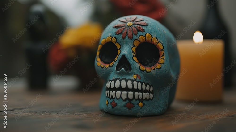 A blue and yellow sugar skull sits on a wooden table, a lit candle behind it.