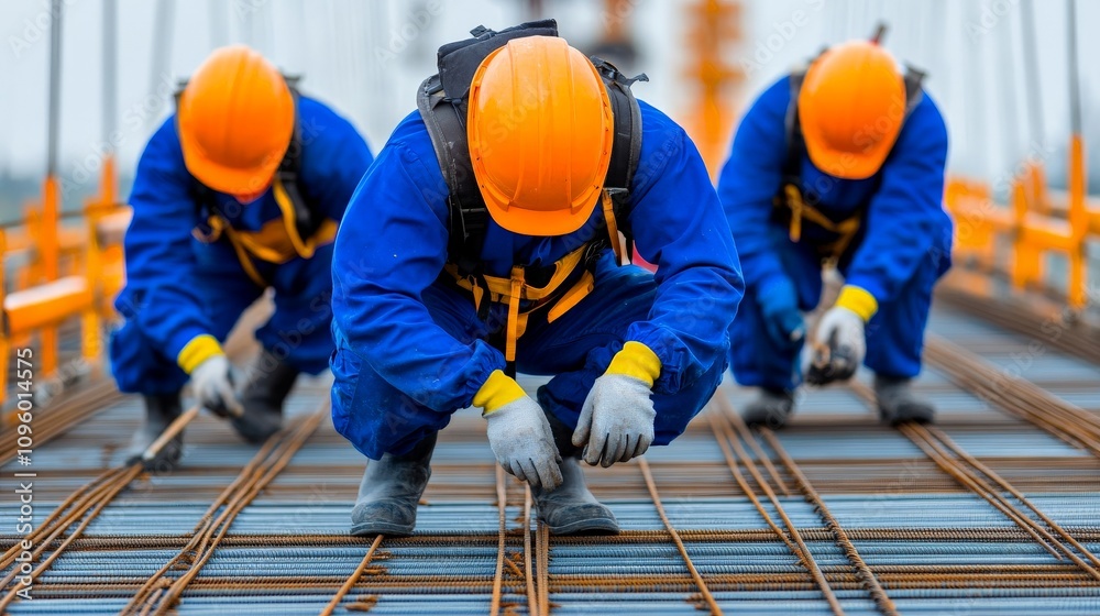 Construction Crew Hard at Work: Three construction workers meticulously assemble rebar on a bridge, showcasing teamwork, precision, and dedication. Construction Crew Hard at Work: Three construction workers meticulously assemble rebar on a bridge, showcasing teamwork, precision, and dedication.