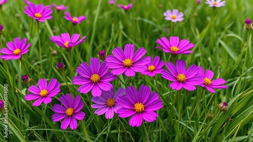 Cosmos flowers blooming in a vibrant purple hue amidst lush green grass, purple flowers, field of flowers