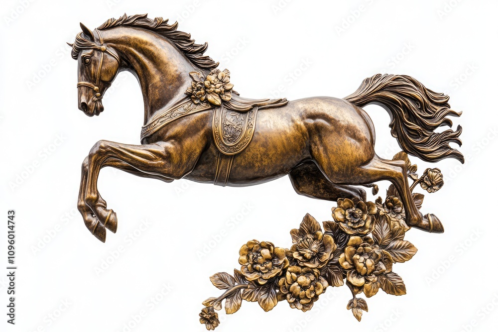 A Bronze Statue of a Jumping Horse with Floral Decoration on White Background A Bronze Statue of a Jumping Horse with Floral Decoration on White Background