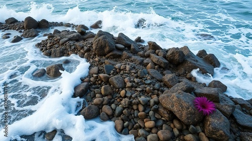 Crashing waves on rugged Luquillo coast with pebbles and anemones, tide pools, ocean waves, luquillo coast photo