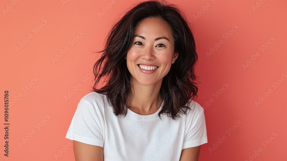 Happy Woman Smiling Against Coral Background Happy Woman Smiling Against Coral Background