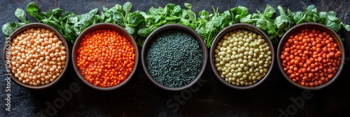 Assorted Pulses in Bowls with Fresh Herbs 