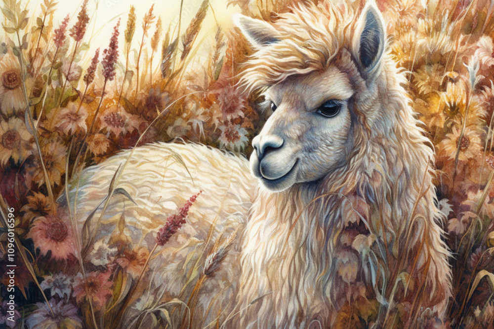 Fototapeta premium llama among the grass., watercolor style, 