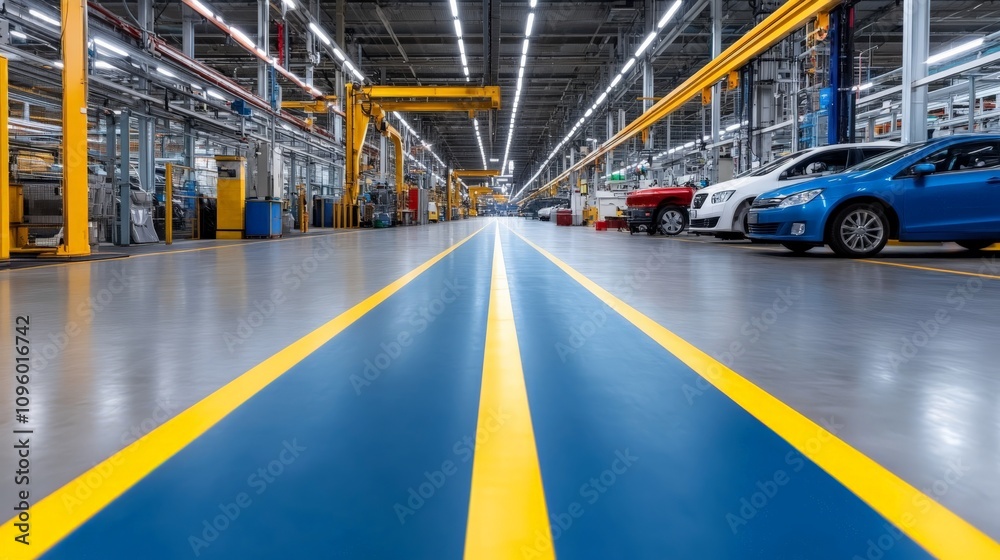 Factory Floor: A long, clean, and well-lit factory floor, with yellow and blue lines guiding the way through the production line. The image showcases a modern. Factory Floor: A long, clean, and well-lit factory floor, with yellow and blue lines guiding the way through the production line. The image showcases a modern.