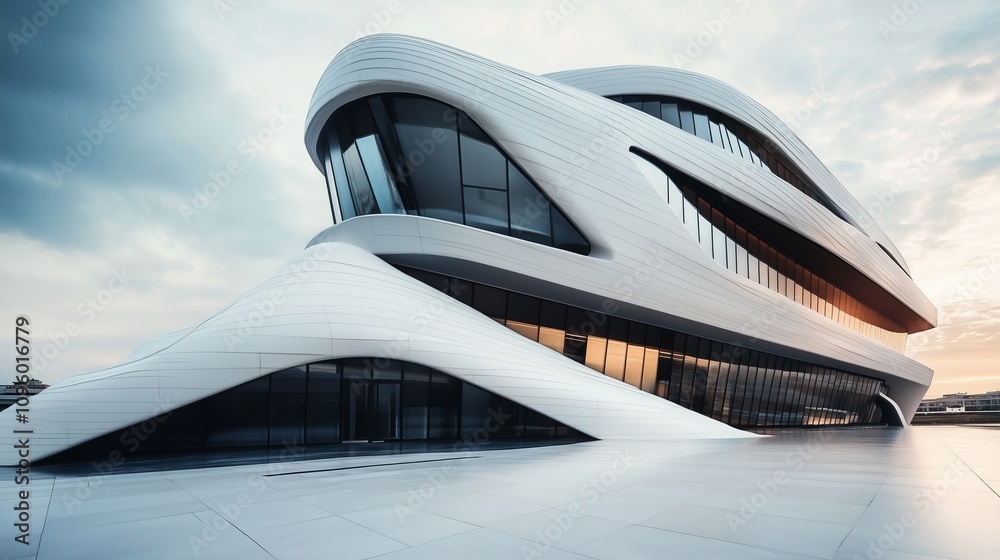 Futuristic White Architectural Masterpiece with Curved Design and Glass Facade at Sunset Futuristic White Architectural Masterpiece with Curved Design and Glass Facade at Sunset