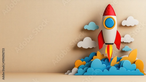 Colorful Cartoon Rocket Launching Amidst Clouds and Stars on a Beige Background for Creative and Imaginative Concepts