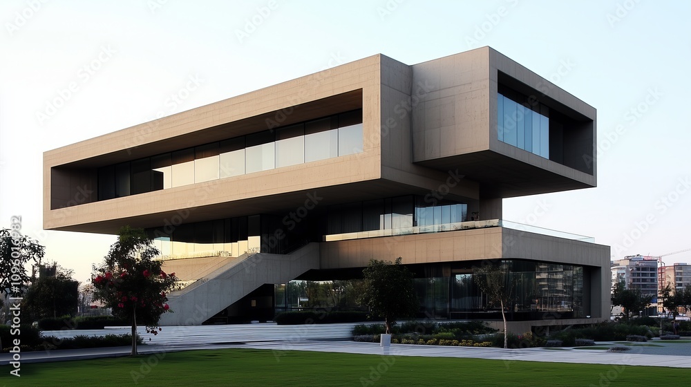 Obraz premium Modern Minimalist Concrete Building with Geometric Design and Glass Facades in Urban Setting