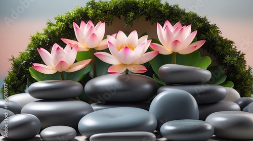 Stack of stones with lotus flowers in a bushes background 