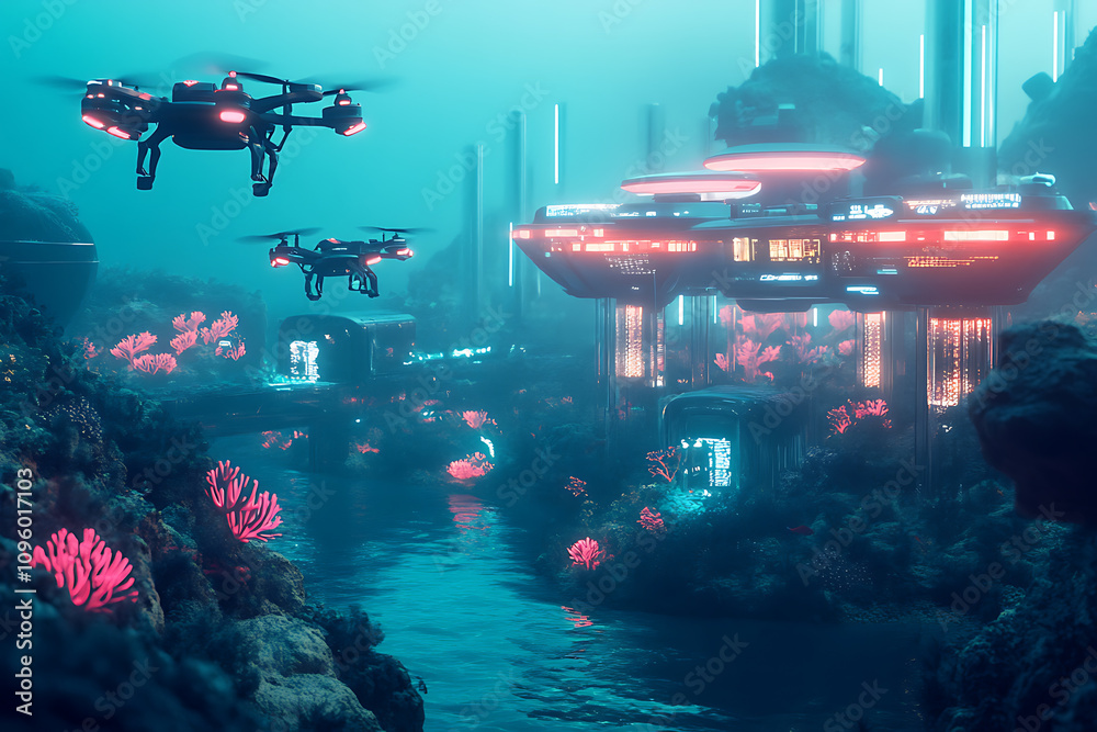 Drones explore an underwater city filled with vibrant coral reefs and futuristic technology Drones explore an underwater city filled with vibrant coral reefs and futuristic technology