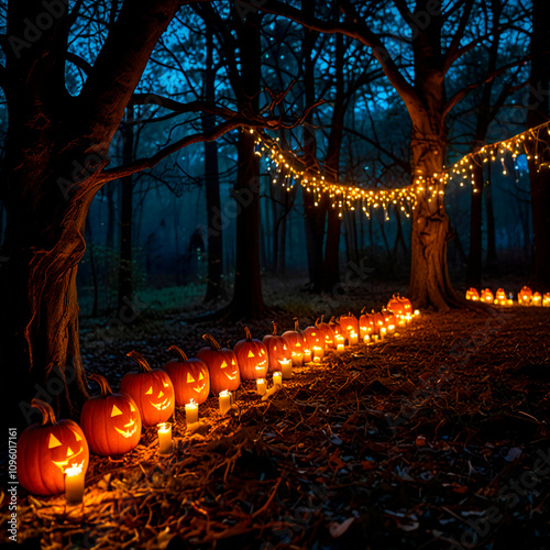 a magical scene in a forest with fairy lights, mystical creatures, and enchanted decor blending Halloween and fantasy themes. photo