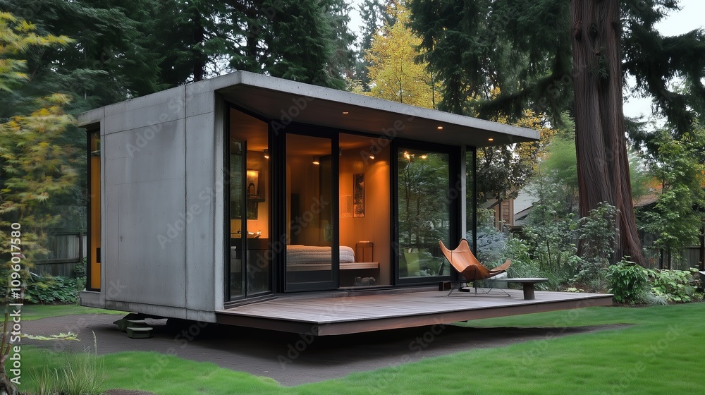 Modern Minimalist Tiny Home with Concrete Exterior and Glass Walls in a Peaceful Forest Setting Modern Minimalist Tiny Home with Concrete Exterior and Glass Walls in a Peaceful Forest Setting
