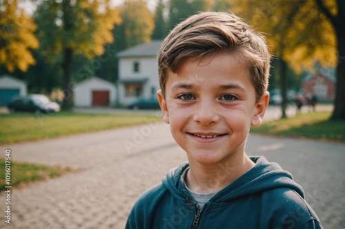 Close portrait of a smiling Ukrainian male kid looking at the camera, Ukrainian outdoors blurred background