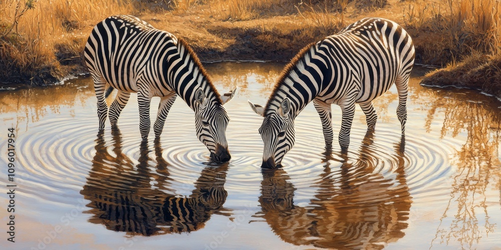 Fototapeta premium This image features two zebras at a watering hole, highlighting a zebra bending down to drink. The gentle ripples on the water create a beautiful reflection of the zebra in this serene scene.