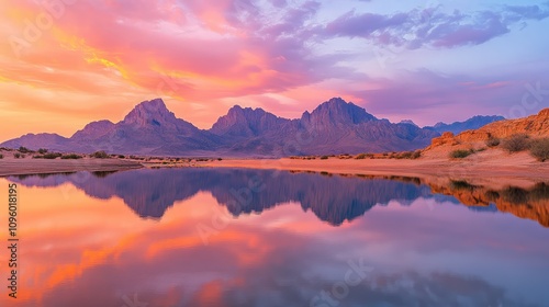 Serene Sunset Reflection: A breathtaking panorama captures the vibrant hues of a sunset mirrored perfectly in a tranquil body of water, with majestic mountains forming a dramatic backdrop.