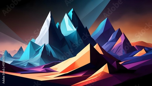 Polygonal landscape featuring jagged, angular geometric mountains and terrains
