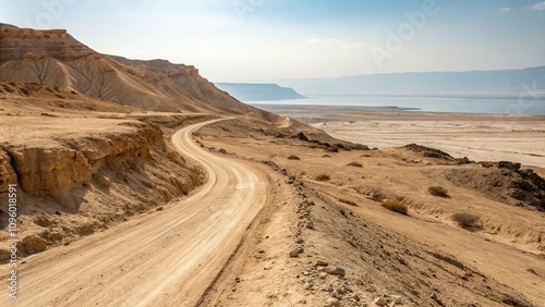 Dirt road traversing a sandy ridge in the desert near the Dead Sea, rocky outcrops, sandy ridge, dirt road photo