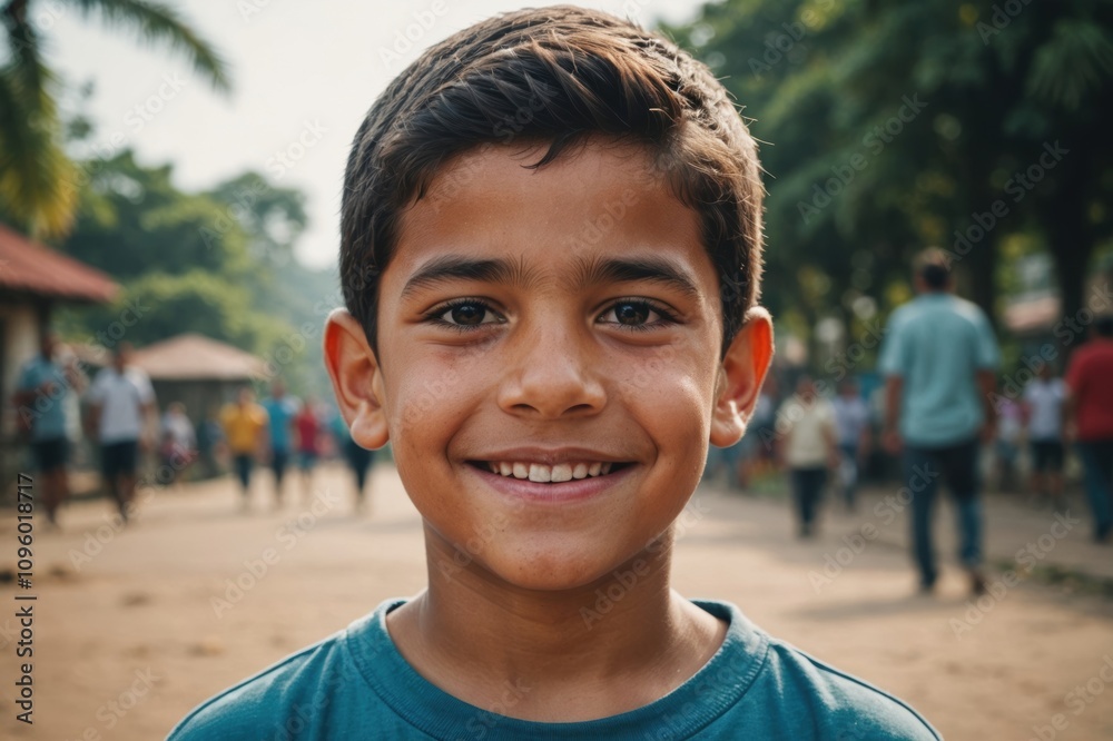 Close portrait of a smiling Venezuelan male kid looking at the camera, Venezuelan outdoors blurred background Close portrait of a smiling Venezuelan male kid looking at the camera, Venezuelan outdoors blurred background