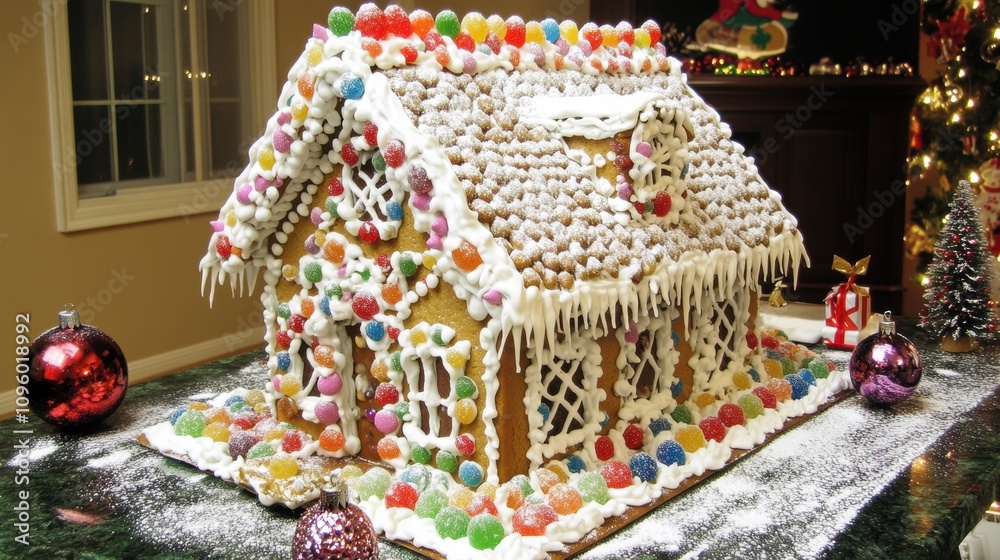 custom made wallpaper toronto digitalGingerbread house with icing decorations, colorful candies, Christmas ornaments