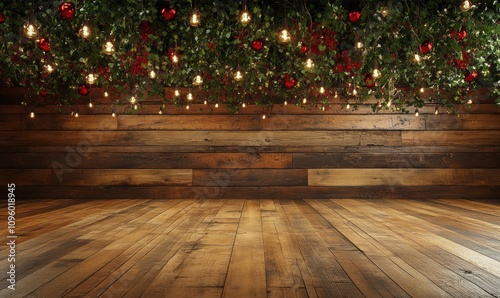 Cozy Festive Background with Greenery, Red Ornaments, and Warm Lights on Rustic Wooden Floor for Holiday Celebrations, Weddings, and Seasonal Decor