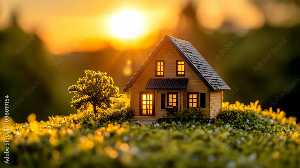 Illuminated Miniature House Model on Mossy Hill at Sunset, Idyllic Dream Home in Golden Hour Light