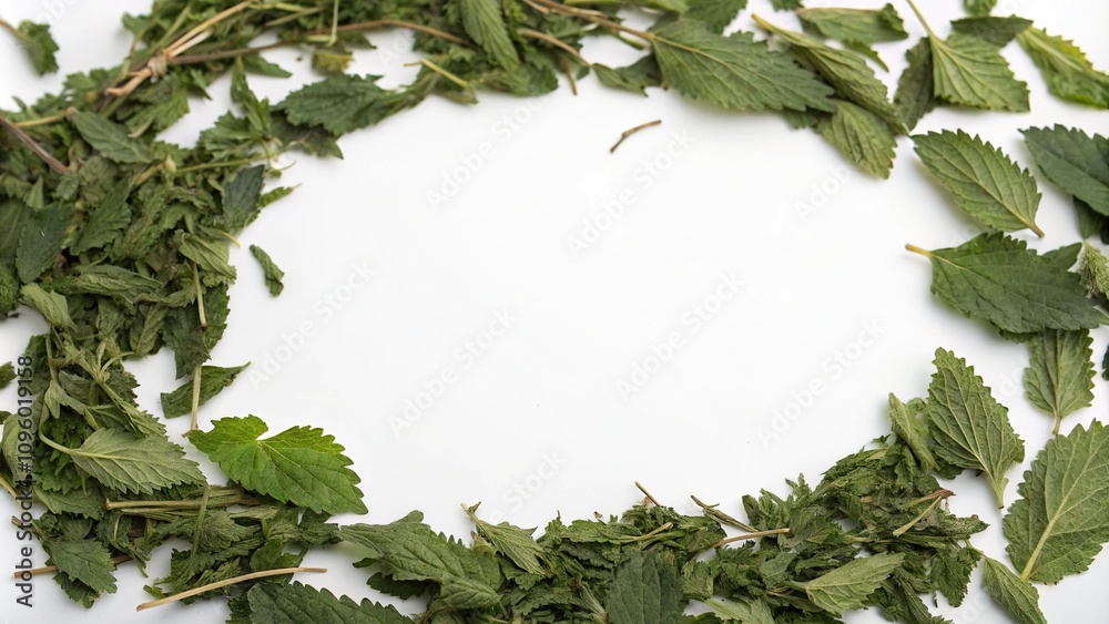 Fototapeta premium Dried nettle tea leaves arranged in a circular pattern on a white background, tea leaves, arrangement