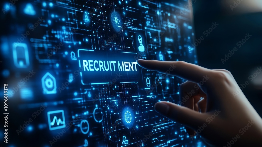 Digital technology and online job search concept with a human touch on a virtual screen or interface. recruitment in screen Digital technology and online job search concept with a human touch on a virtual screen or interface. recruitment in screen