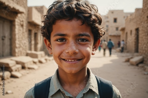 Close portrait of a smiling Yemeni male kid looking at the camera, Yemeni outdoors blurred background photo