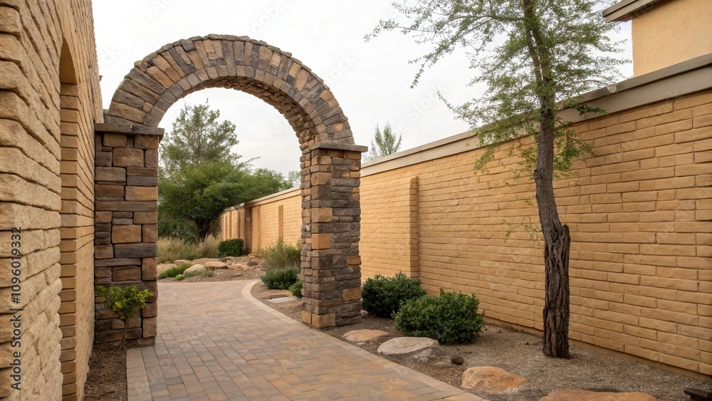 Earthy exterior with a stone archway against a light brown brick wall background, earthy tones, light brown brick wall texture, natural stone, exterior decor, outdoor architecture