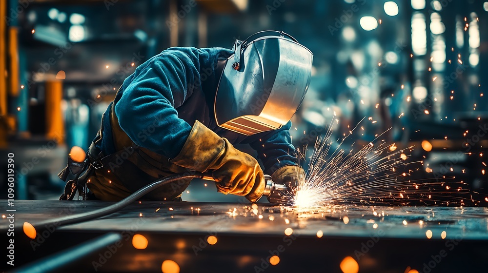 French welding scene with sparks flying and intense focus picture French welding scene with sparks flying and intense focus picture