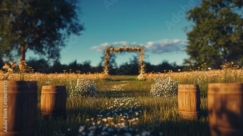 Photos of Beautiful Wedding Decoration in the Field in the Open Air